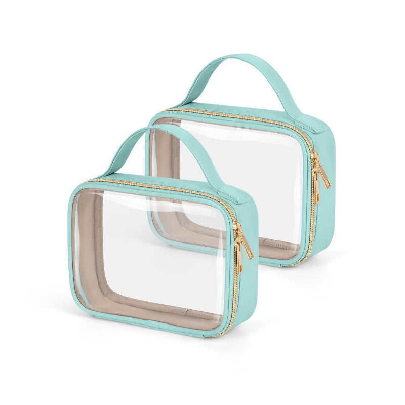 Wedama TSA Approved Toiletry Bag, 2 Pack Clear Makeup Bags with Handles, Quart Size PVC Clear Cosmetic Bags for Women and Men, Carry on Airport Airline Compliant Bag, Cyan Green - Image 1